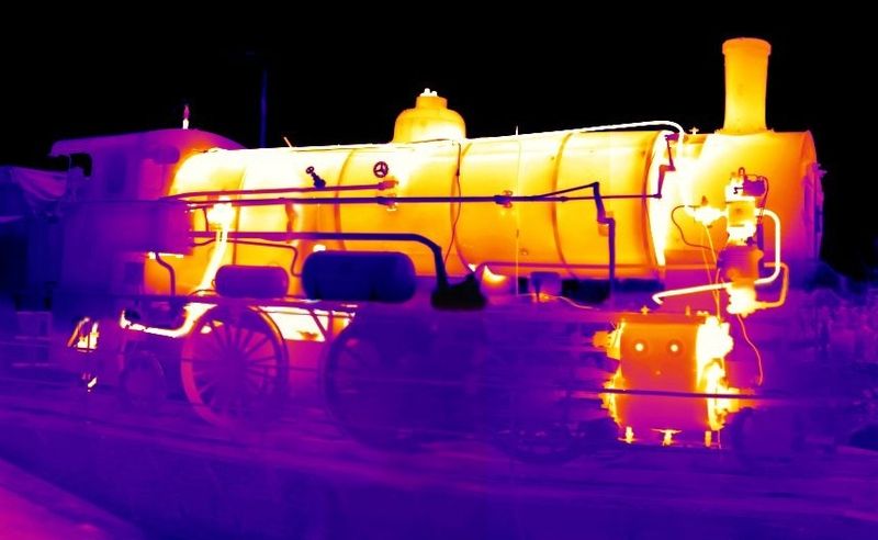 An infrared photo of a train in operation